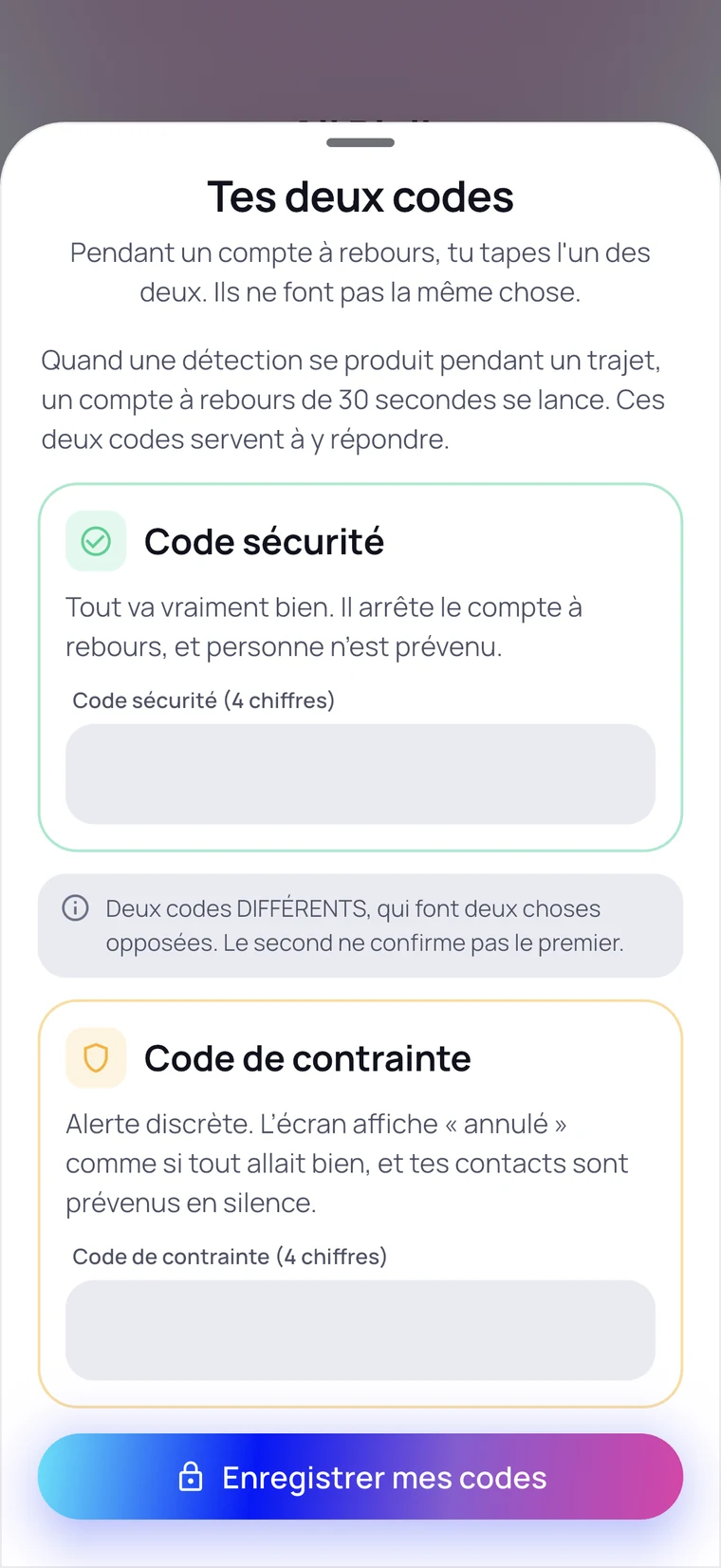 Réglage des deux codes de sécurité